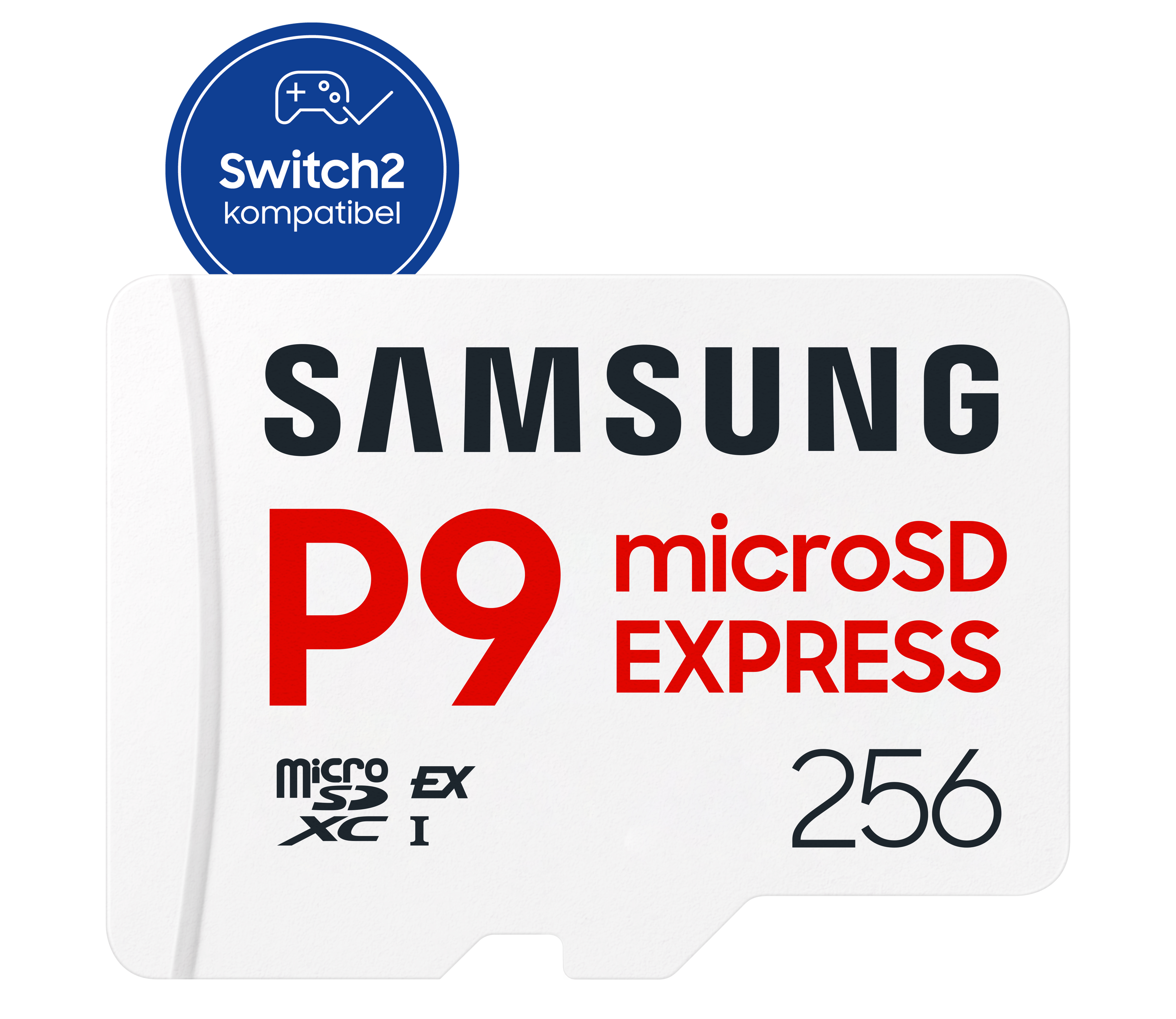 Eine weiße Samsung microSD-Karte mit roter und schwarzer Schrift. Ein blauer Kreis oben sagt 'Switch2 kompatibel'.