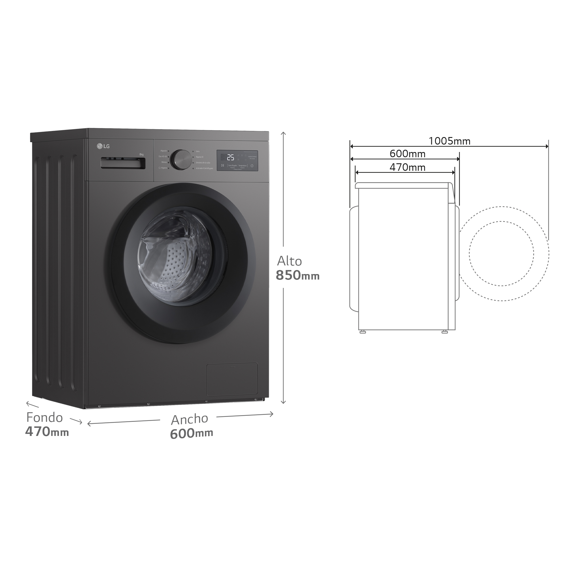 Una lavadora LG gris oscuro con dimensiones etiquetadas. Muestra la vista frontal y lateral con medidas.