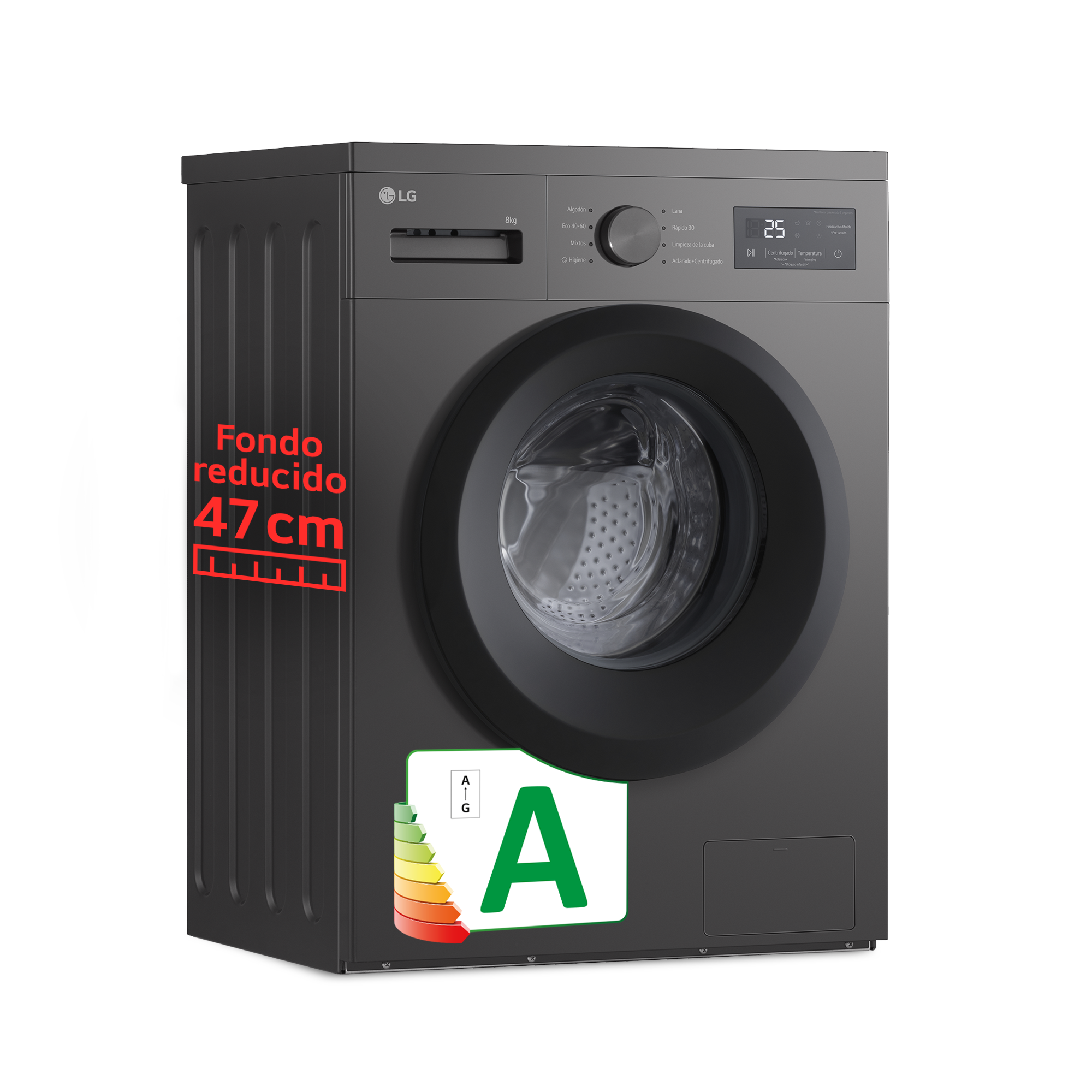 Lavadora LG gris oscuro con panel de control y etiqueta de eficiencia energética, texto rojo indica profundidad reducida.