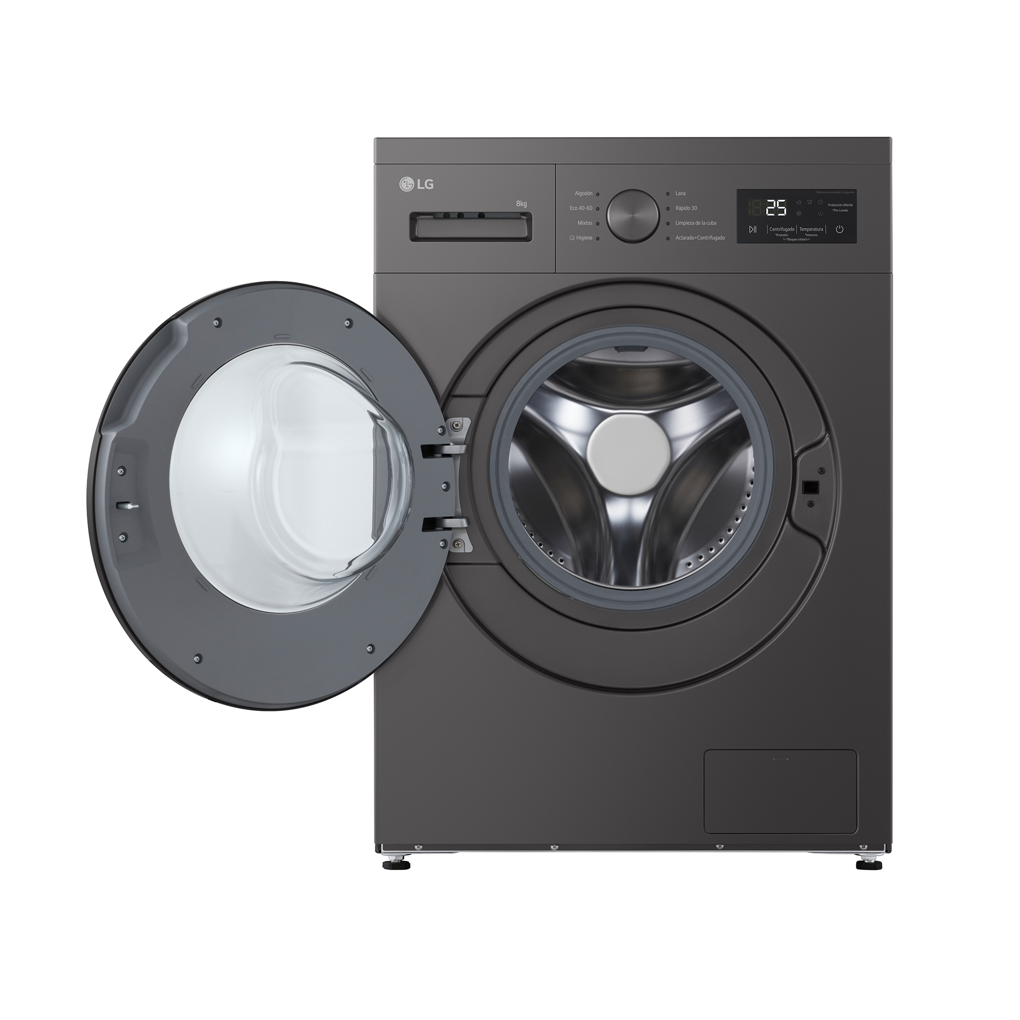Lavadora LG gris con puerta abierta. Controles y pantalla visibles. La puerta tiene una ventana de vidrio.