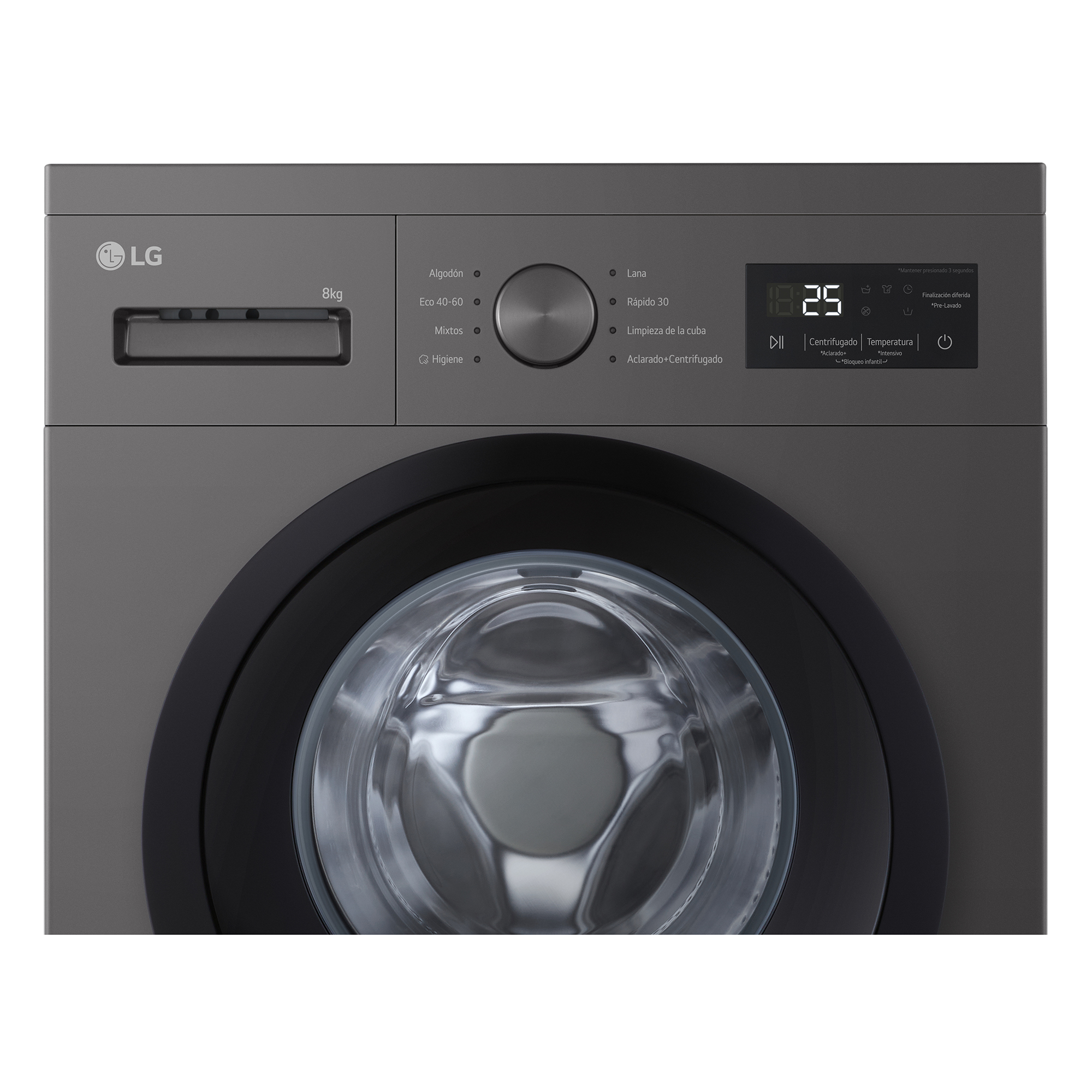 Una lavadora LG gris. Tiene un panel de control con botones y una pantalla digital que muestra el tiempo y la configuración.