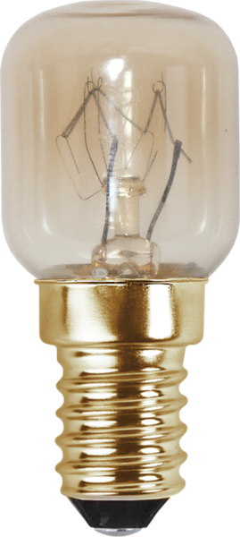 Eine kleine Glühbirne mit goldenem Sockel und Glaskolben. Im Inneren ist ein gewendelter Glühfaden sichtbar.
