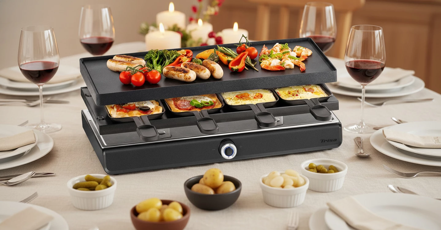 Griglia per raclette con cibo, calici e contorni su un tavolo. Include verdure, salsicce e formaggio.