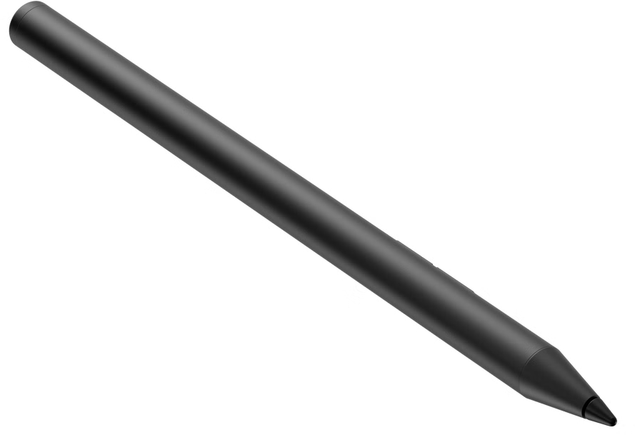Un stylet noir avec une pointe effilée, isolé sur fond blanc. Le stylet est cylindrique et incliné.
