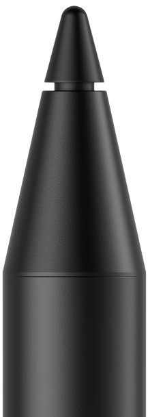 Gros plan d'une pointe de stylet noire. Elle a une forme conique avec un dessus arrondi et un corps cylindrique avec une ligne horizontale.
