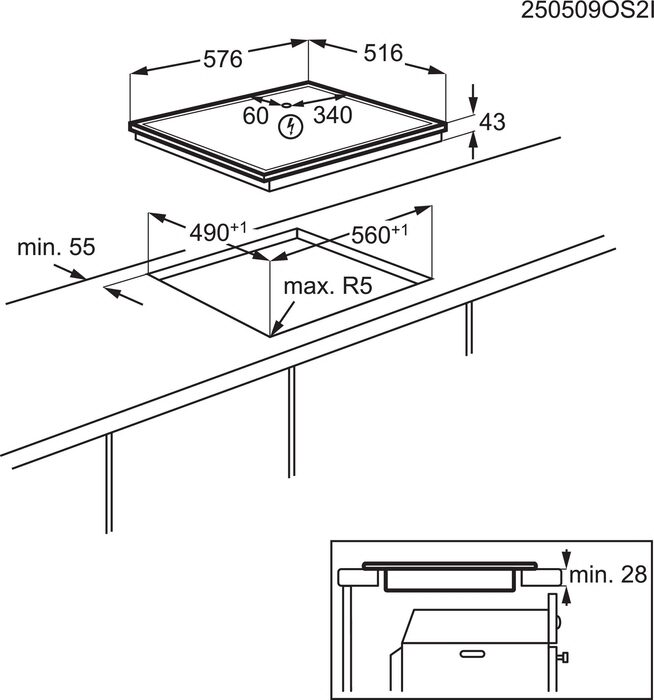 Diagramm eines Kochfelds mit Maßangaben in Millimetern. Zeigt die Ausschnittmaße und Einbaudetails des Kochfelds.