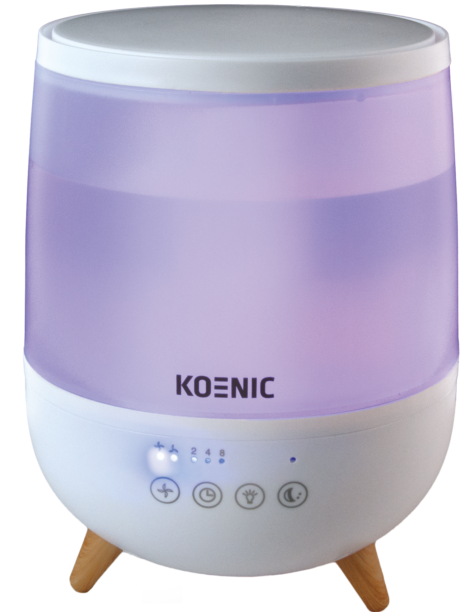 Un diffusore di aromi Koenic bianco e lavanda con gambe in legno. Ha pulsanti di controllo con icone. Il diffusore è acceso.