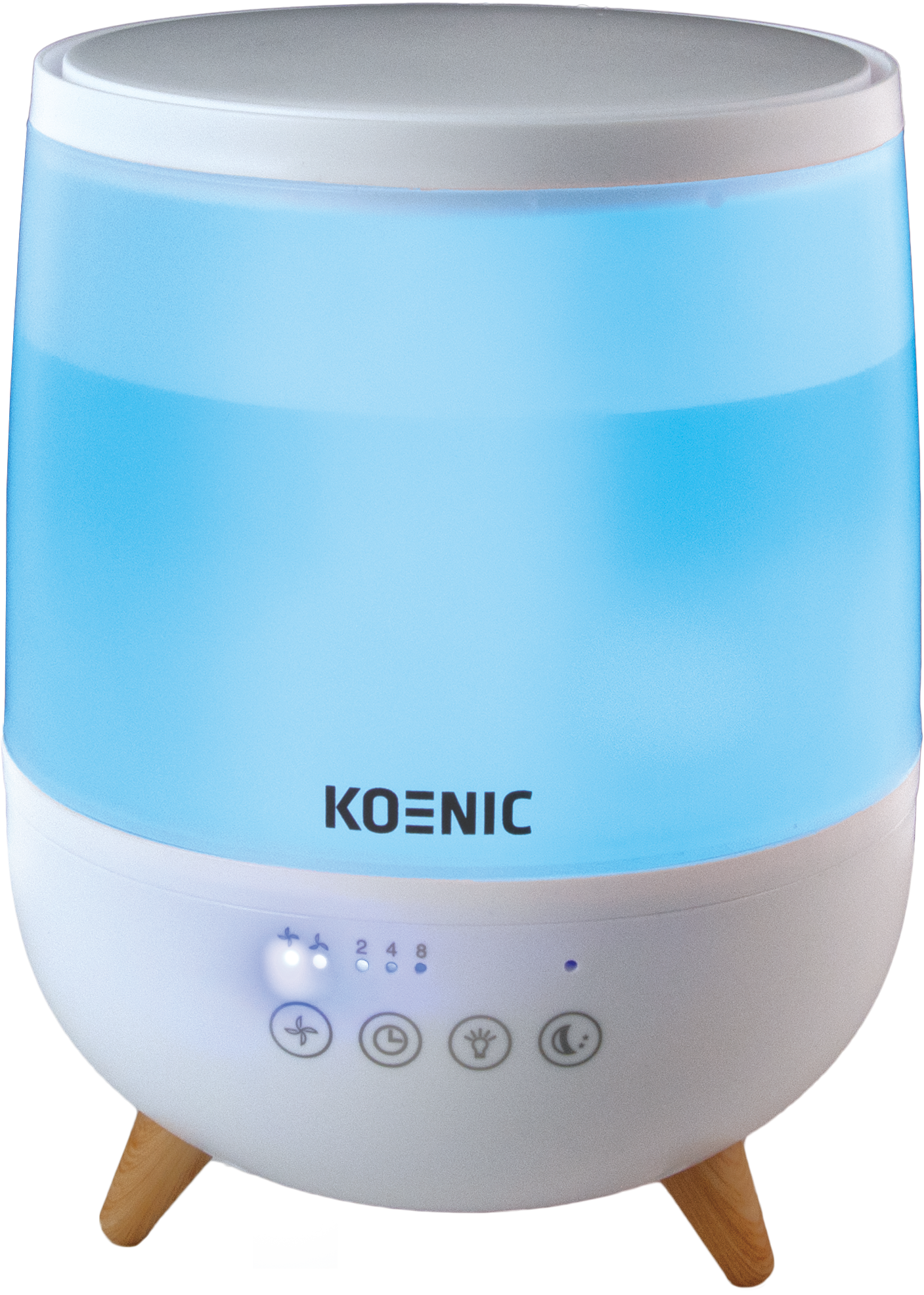 Un umidificatore d'aria bianco e blu con gambe in legno. Ha pulsanti di controllo ed è visibile il marchio KOENIC.