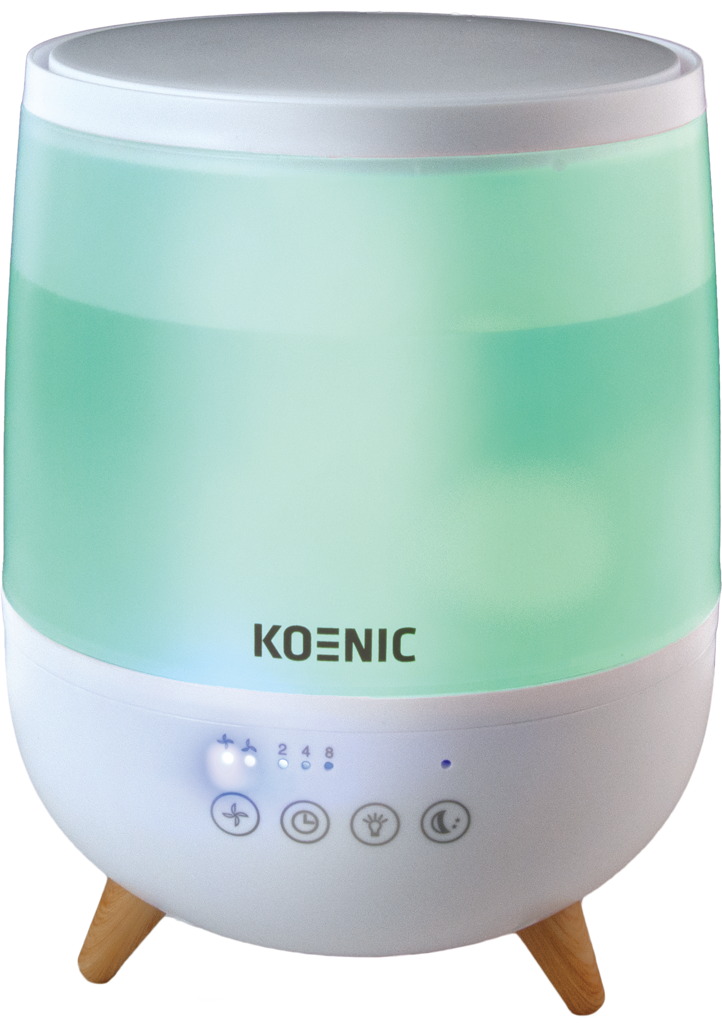 Un umidificatore bianco e verde acqua con gambe in legno. Ha pulsanti di controllo e il marchio KOENIC sul davanti.