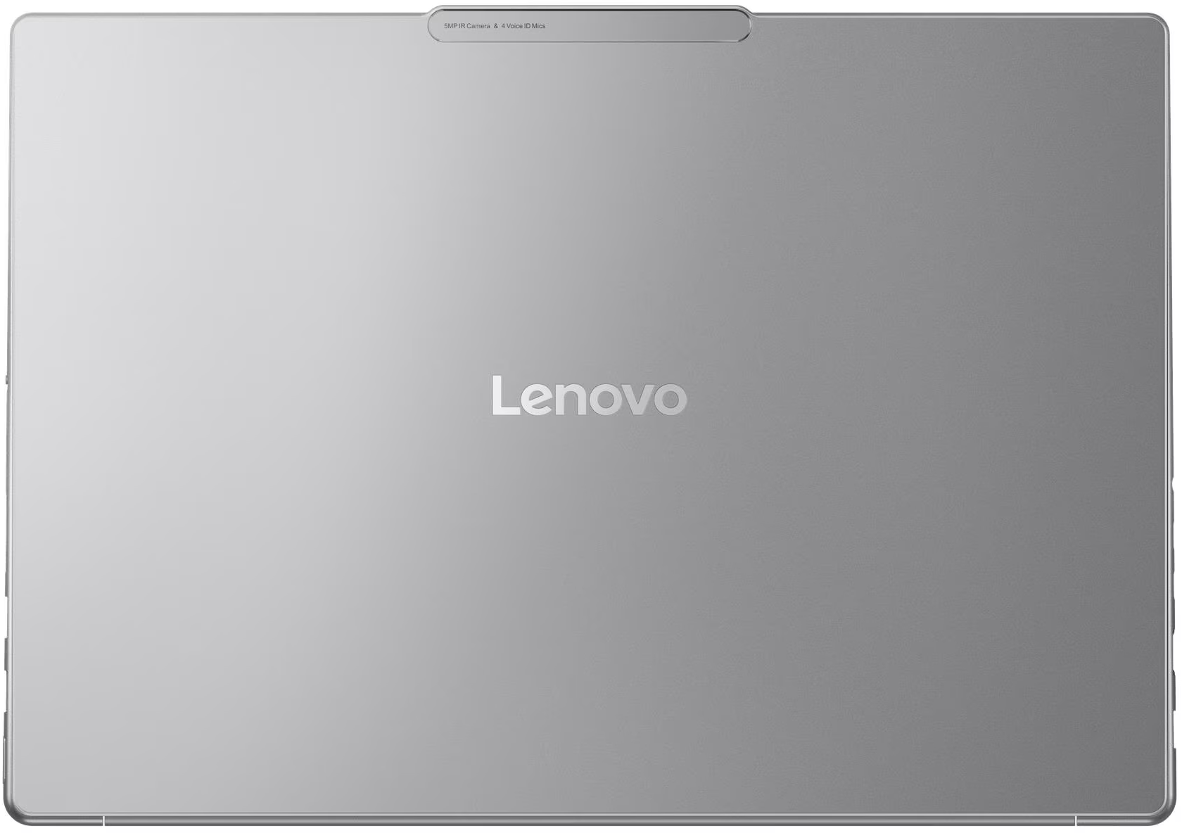Ezüst Lenovo tablet. Felül kamera és mikrofonok. A Lenovo logó középen. Szürke, fémes felület.