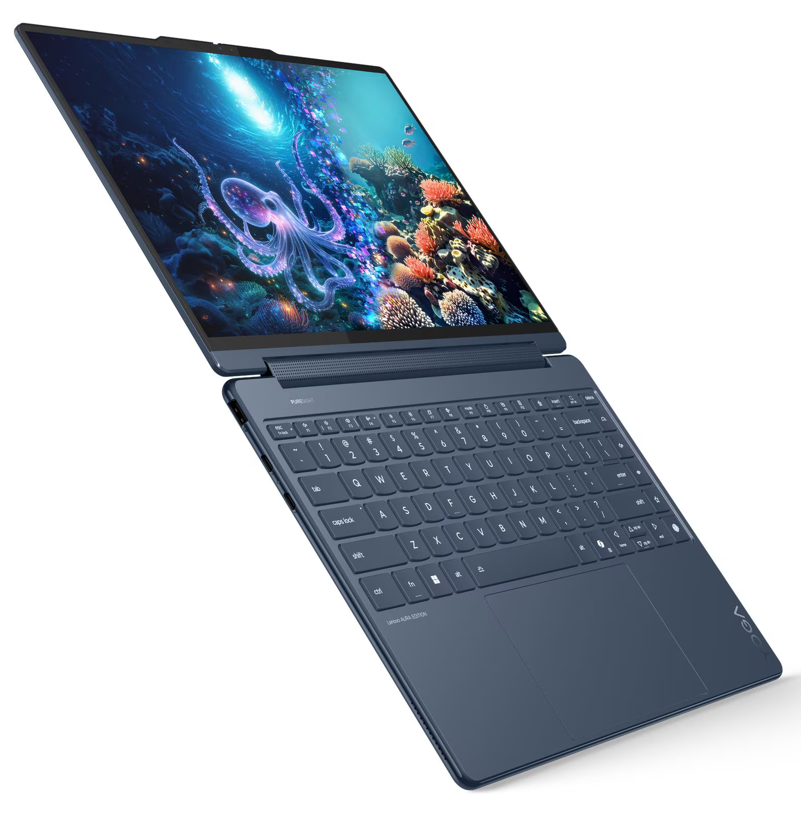 Kék laptop nyitva, a képernyőn egy polip látható egy víz alatti jelenetben. A billentyűzet látható, a néző felé fordulva.