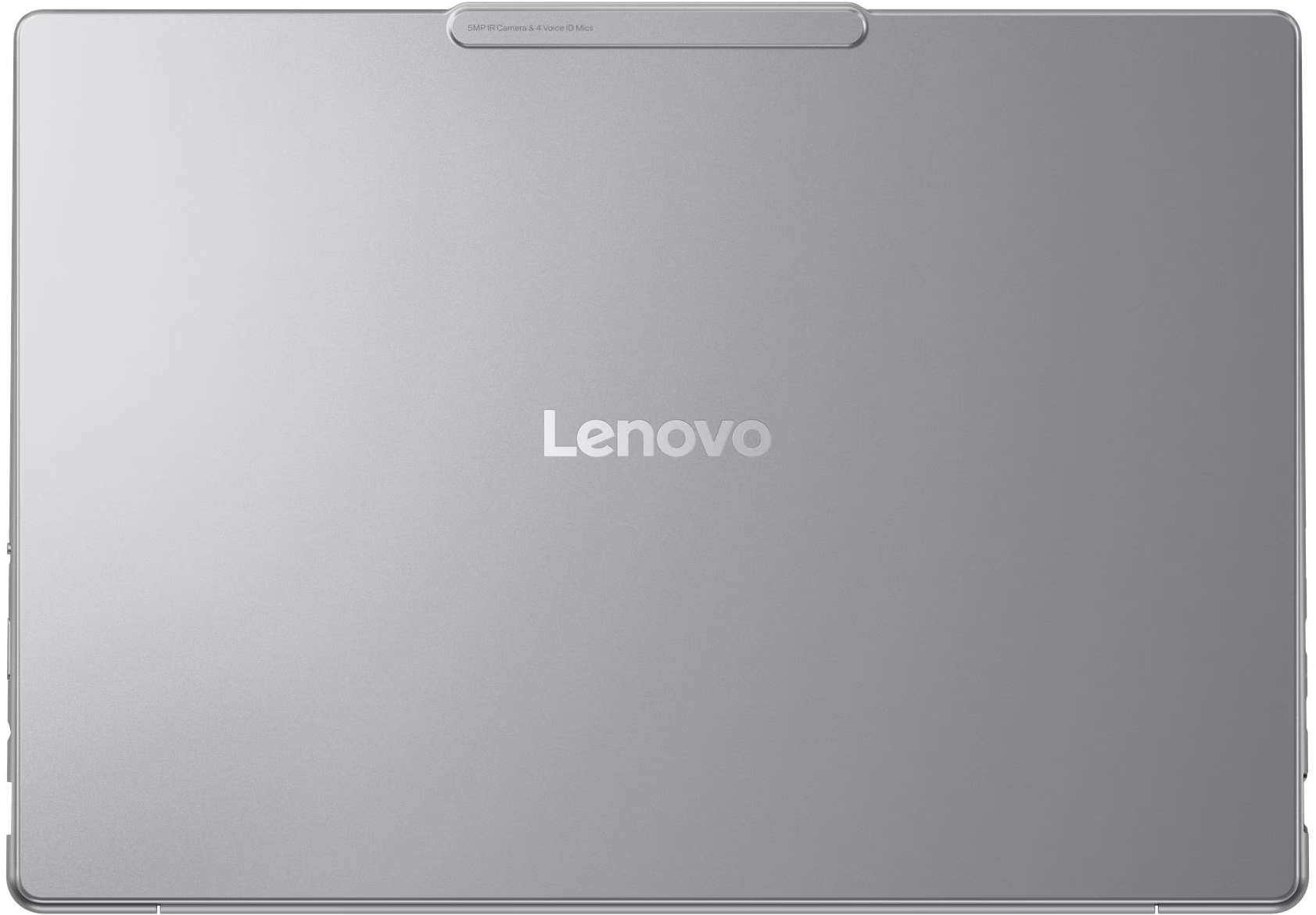 Egy ezüst táblagép a Lenovo logóval. A felső szélén kamera és mikrofon található. Egy elegáns, modern eszköz.