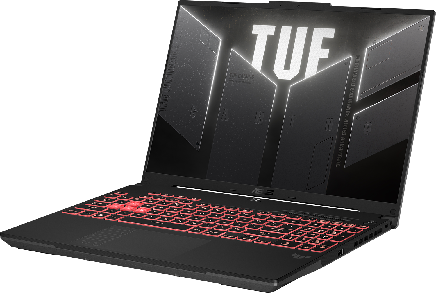 Fekete laptop piros háttérvilágítású billentyűzettel. A képernyőn a 'TUF' logó látható. A laptop egy fényvisszaverő felületen van.