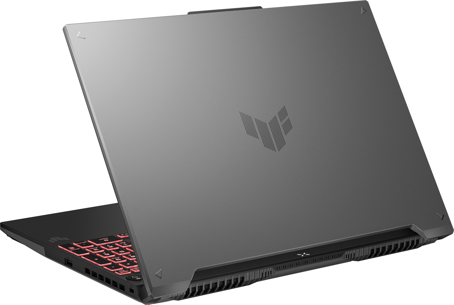 Egy szürke laptop világító billentyűzettel. A képernyő nyitva van, a billentyűzetet mutatja. A logó a tetején van.