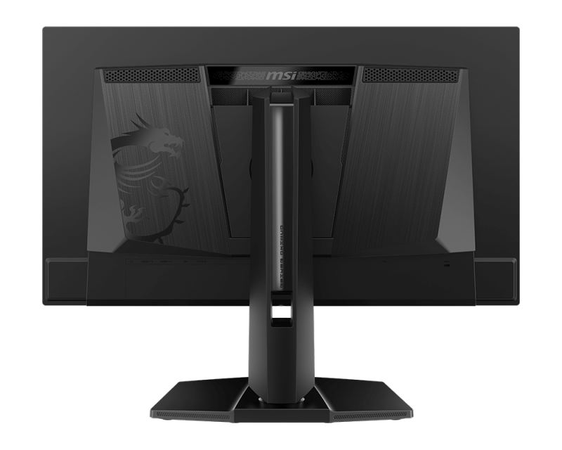 Fekete MSI gamer monitor hátulja. Sárkány logó az oldalon. Állvány, portok és szellőzők láthatók. Fekete háttér.