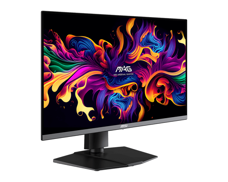 MSI monitor élénk, színes, absztrakt dizájnnal a képernyőn. Fekete állvány és keret. Fekete háttér.
