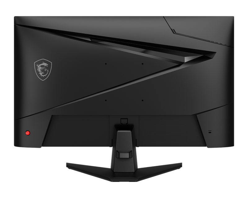 Egy fekete számítógép monitor hátulja. Van egy állványa, egy piros lámpa és az MSI logója. Szögletes design elemek vannak.