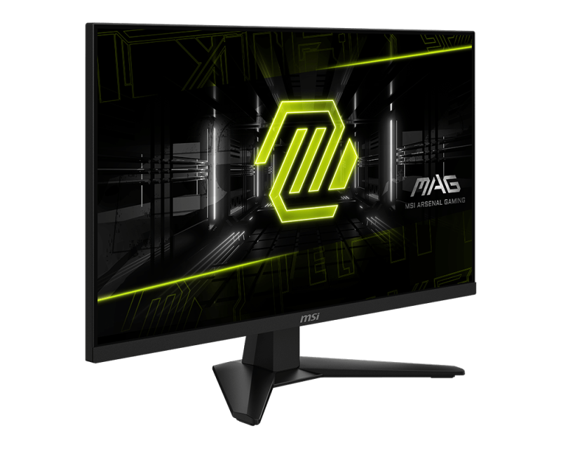 MSI gaming monitor fekete kerettel. A képernyő neon zöld logót és szöveget jelenít meg. Az állvány fekete.
