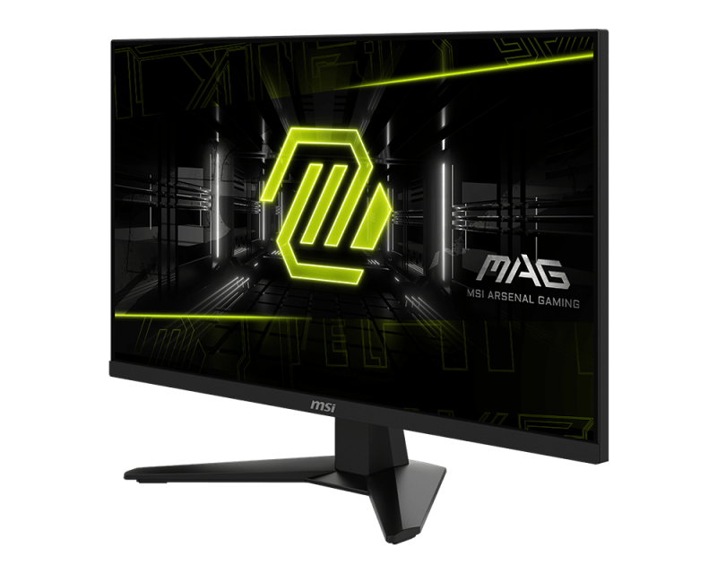 Az MSI gaming monitor neon zöld logót és szöveget jelenít meg sötét háttéren. A monitor fekete, szögletes, és fekete állványon van.