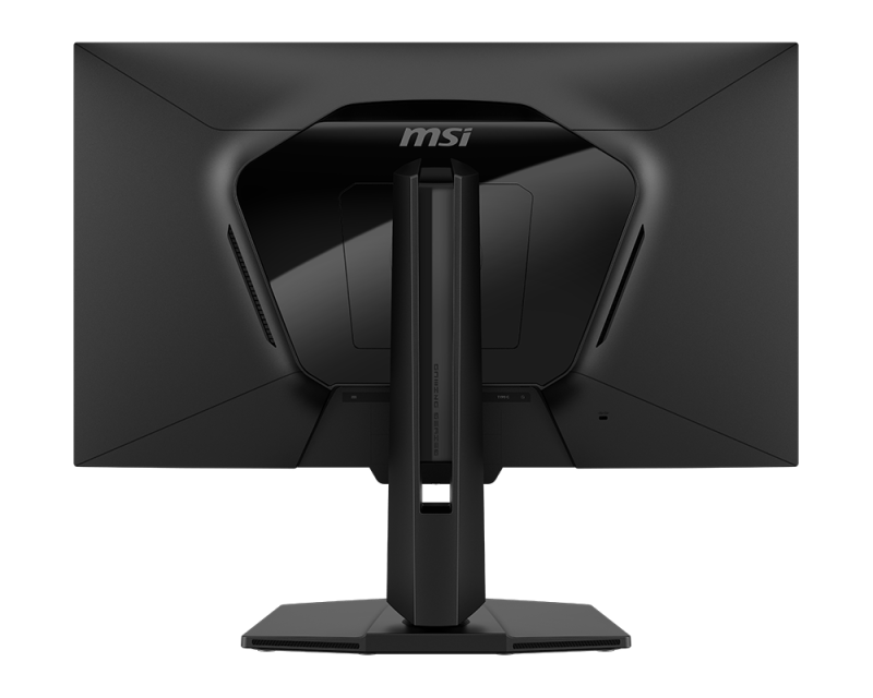 Egy fekete MSI monitor hátulja látható. Van egy állványa, az MSI logó és különböző portok. A képernyő sötét.