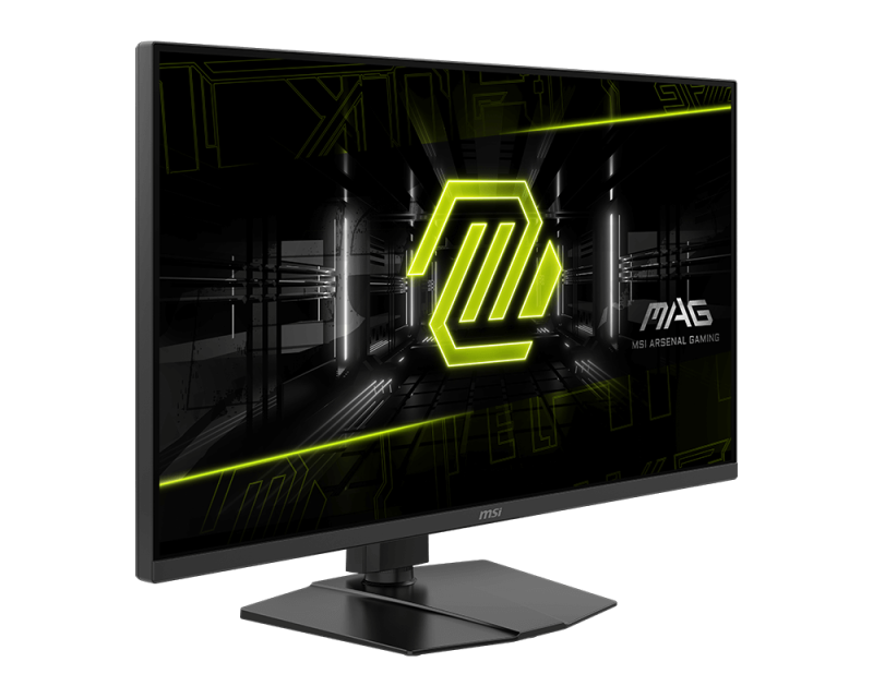 Az MSI gaming monitor neon zöld logót és szöveget jelenít meg. A háttér egy sötét, futurisztikus design. Az állvány fekete.