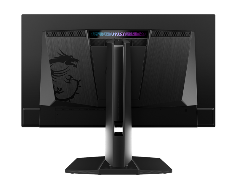 Egy fekete MSI monitor hátulja látható. Egy sárkány logó látható, a tetején az MSI logóval. Az állvány szintén fekete.