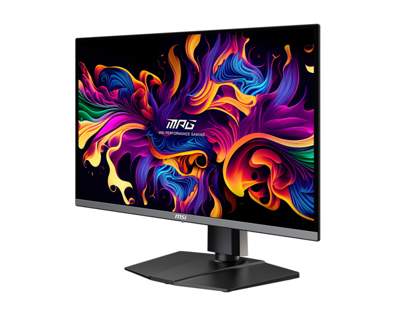 Az MSI gaming monitor színes absztrakt művészetet jelenít meg. A monitor fekete, fekete állvánnyal, fekete háttérrel.