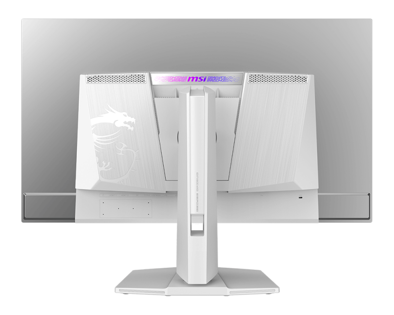 Fehér MSI gaming monitor hátulnézete. Sárkány logó, MSI logó és állvány látható. Tiszta és modern design.