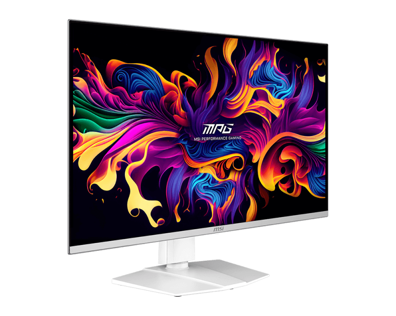 Egy fehér MSI gamer monitor egy absztrakt, színes dizájnt jelenít meg. A monitornak fehér az alapja és vékony a kerete.