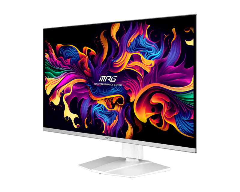 MSI monitor színes, absztrakt kijelzővel. A monitor fehér, fehér állvánnyal, fekete háttér előtt.