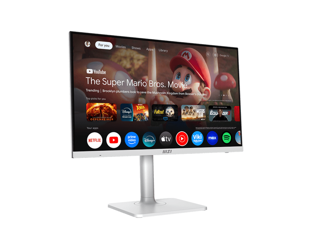 Egy fehér MSI monitor a 'The Super Mario Bros. Movie'-t mutatja. A képernyőn olyan alkalmazások láthatók, mint a Netflix, a YouTube és a Disney+.