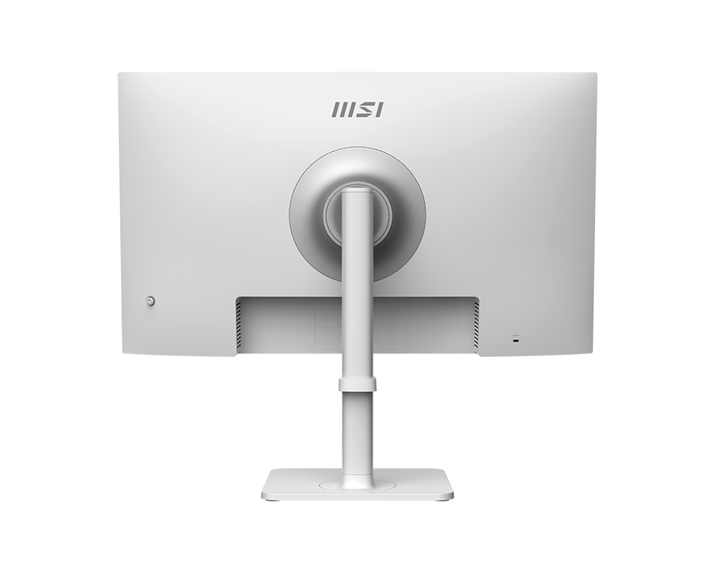 Egy fehér számítógép monitor hátulja. Kerek állványa, téglalap alakú alapja és a tetején az MSI logója található.