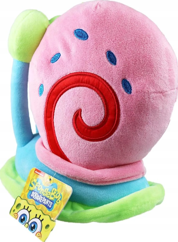 Ein Plüsch-Gary von Spongebob Schwammkopf. Rosa Körper mit blauen Punkten, roter Wirbel, grüne, blaue und rosa Bereiche mit einem Etikett.