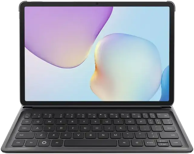 Tablet billentyűzettel. A képernyő színes, absztrakt hátteret jelenít meg. A billentyűzet fekete.