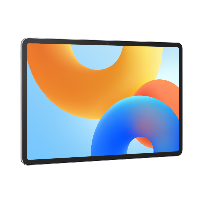 Ezüst tablet, képernyőjén absztrakt formák narancs, sárga és kék színekben, világoskék háttérrel.