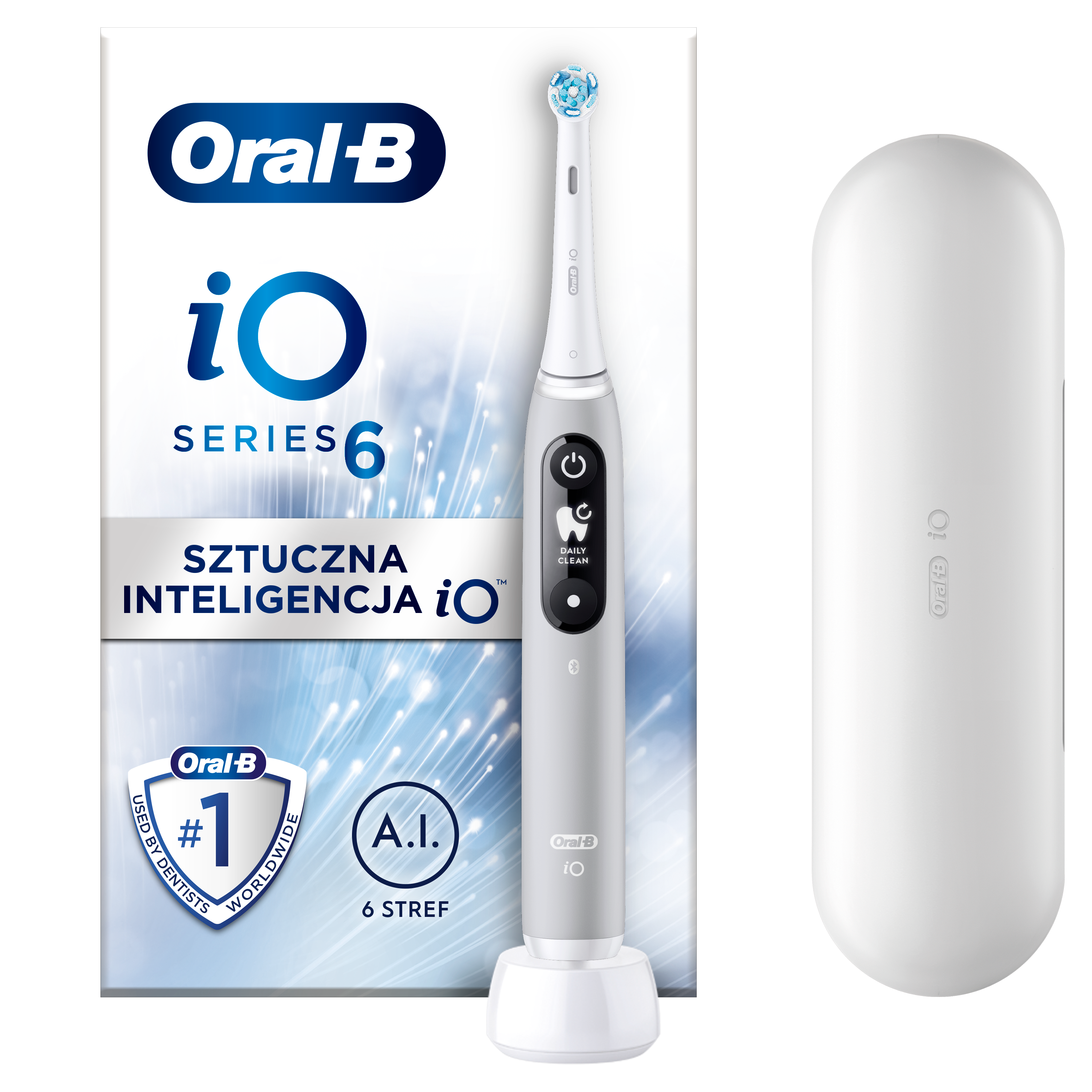Elektryczna szczoteczka do zębów Oral-B iO Series 6 z etui. Jest szara, biała i niebieska.
