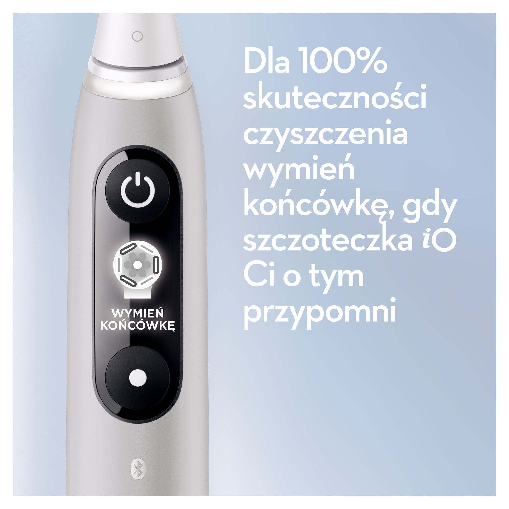 Szczoteczka elektryczna z przyciskami i tekstem w języku polskim, sugerującym wymianę główki dla optymalnego czyszczenia.
