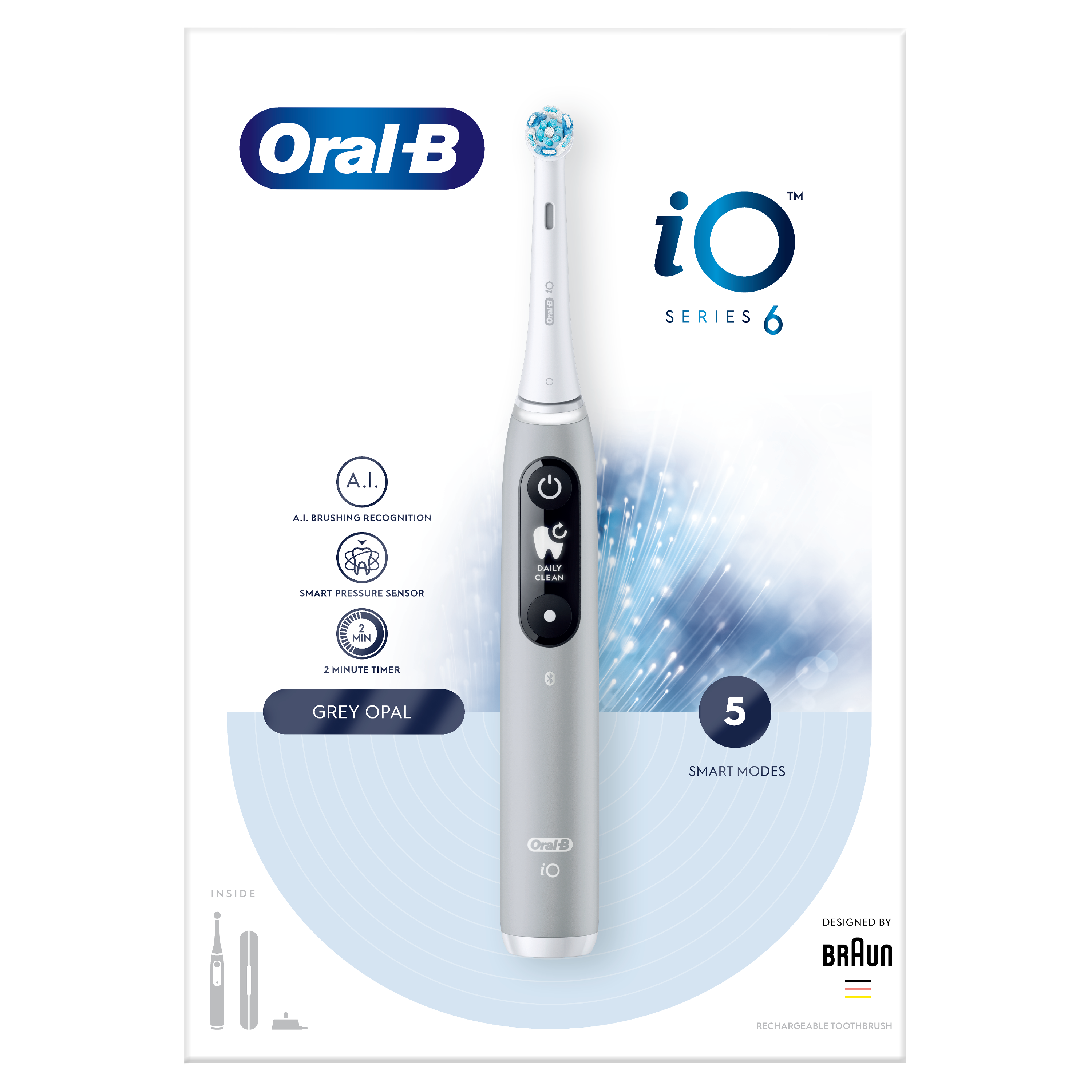 Szczoteczka elektryczna Oral-B iO Series 6 Grey Opal na białym tle. Zawiera AI, timer i tryby inteligentne.