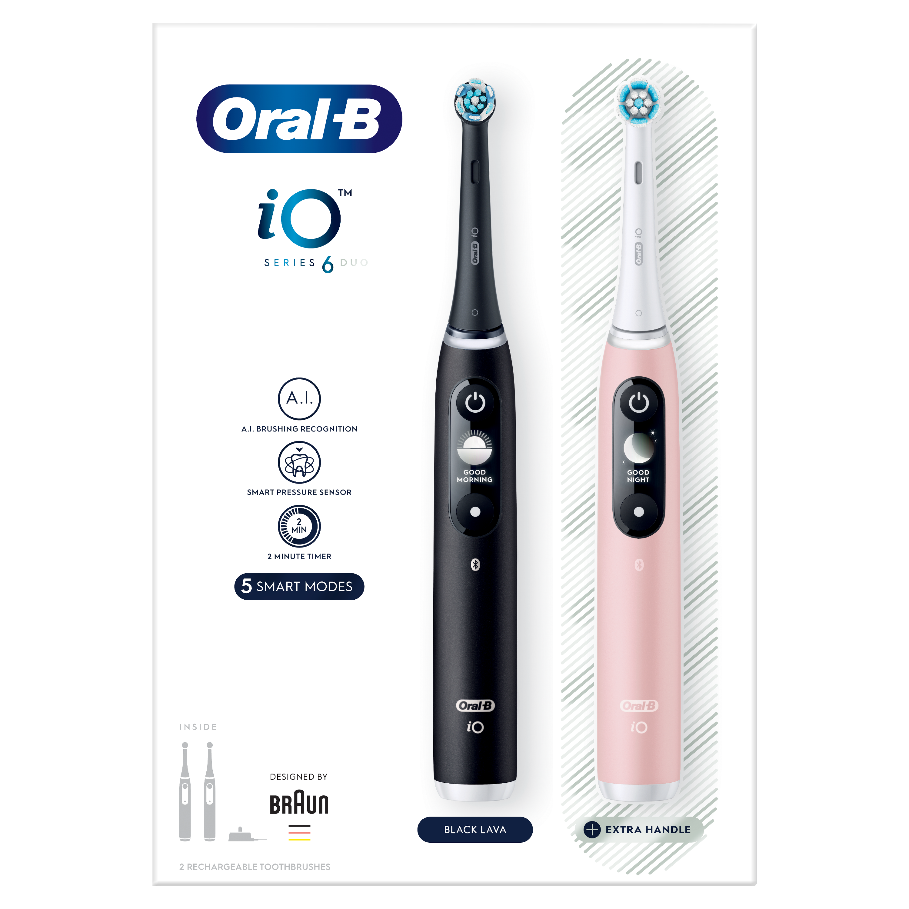 Obraz przedstawia dwie elektryczne szczoteczki do zębów Oral-B iO Series 6 Duo: czarną i różową. Zawiera AI i 5 trybów.