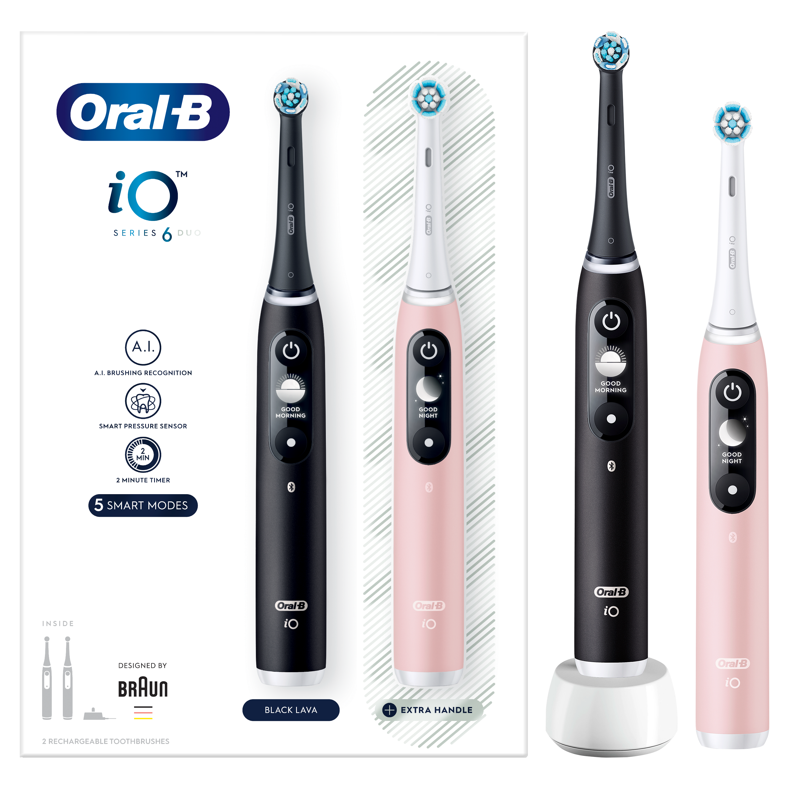 Zestaw szczoteczek do zębów Oral-B iO Series 6 Duo. Jedna czarna i jedna różowa, z podstawą ładującą. Pudełko pokazuje funkcje.