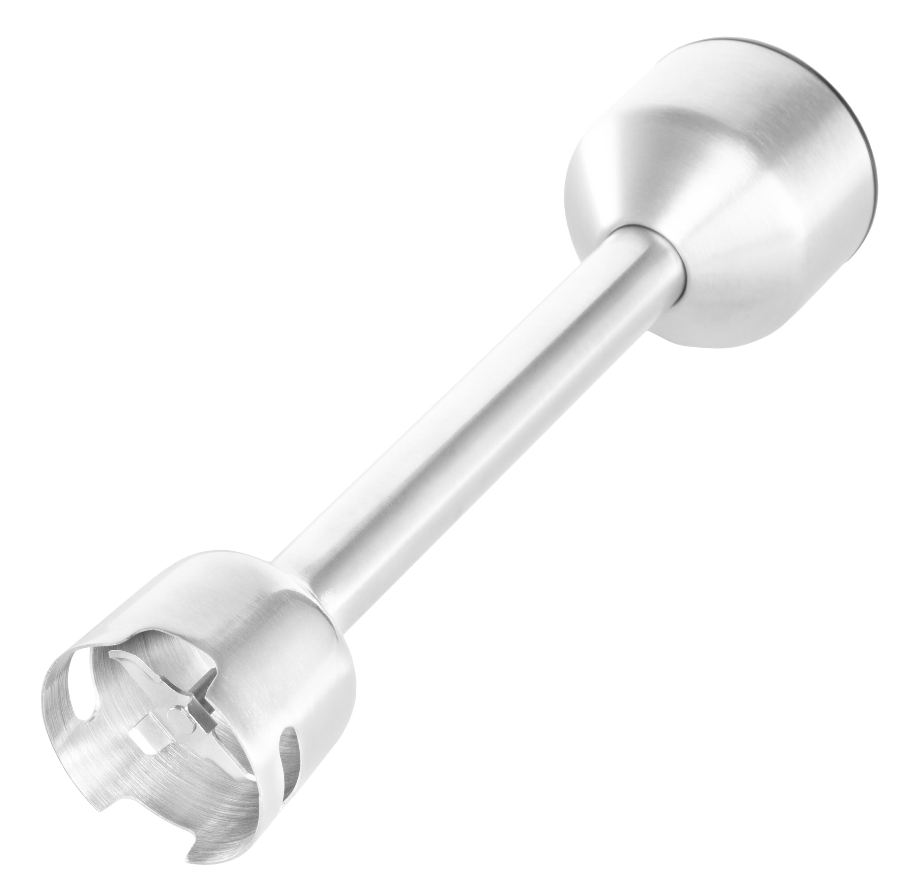 Ein Aufsatz für einen Stabmixer aus Edelstahl, isoliert auf weißem Hintergrund.