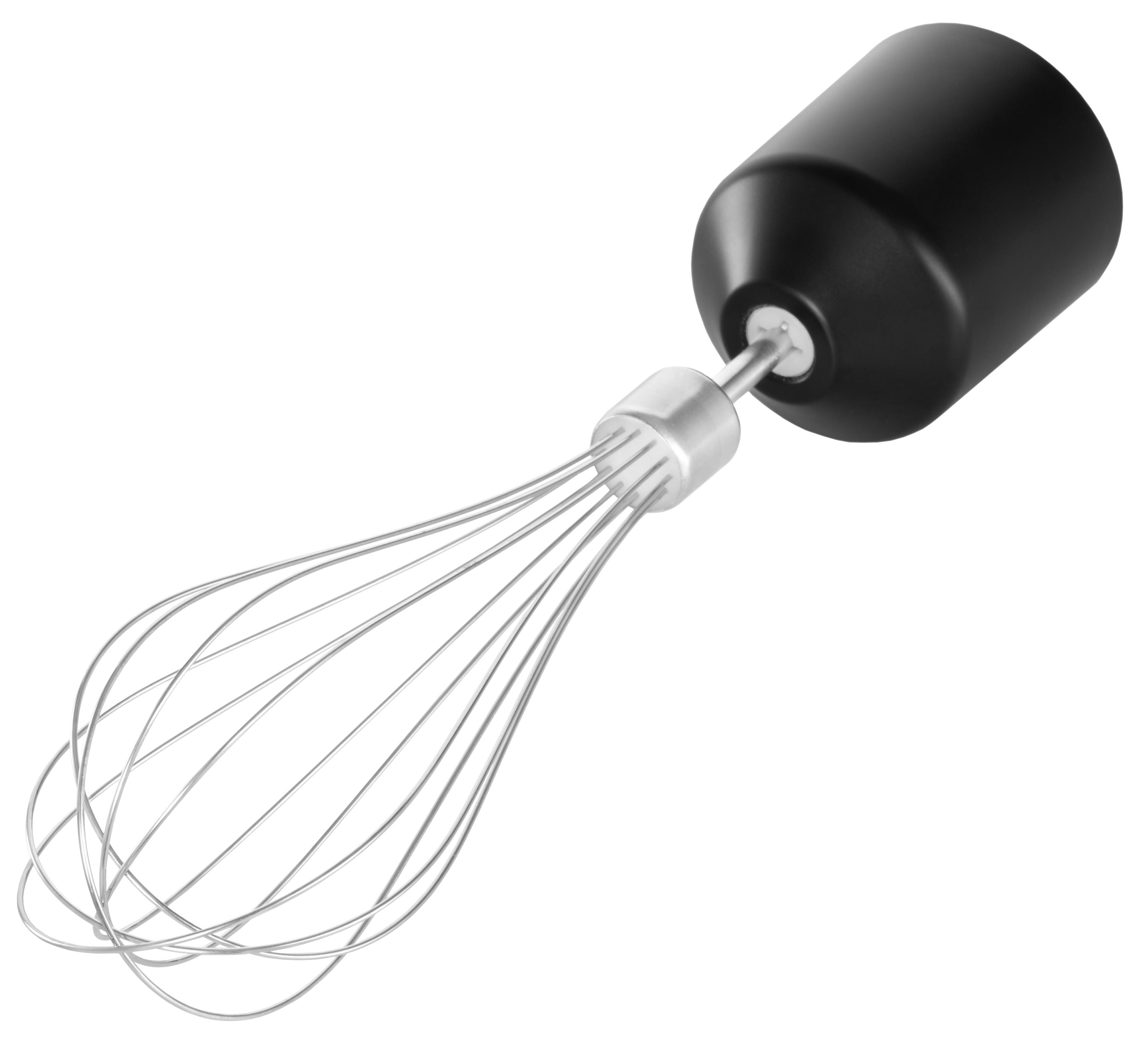 Ein schwarzer Handmixer mit einem silbernen Schneebesen ist vor weißem Hintergrund isoliert. Der Schneebesen ist im Vordergrund.