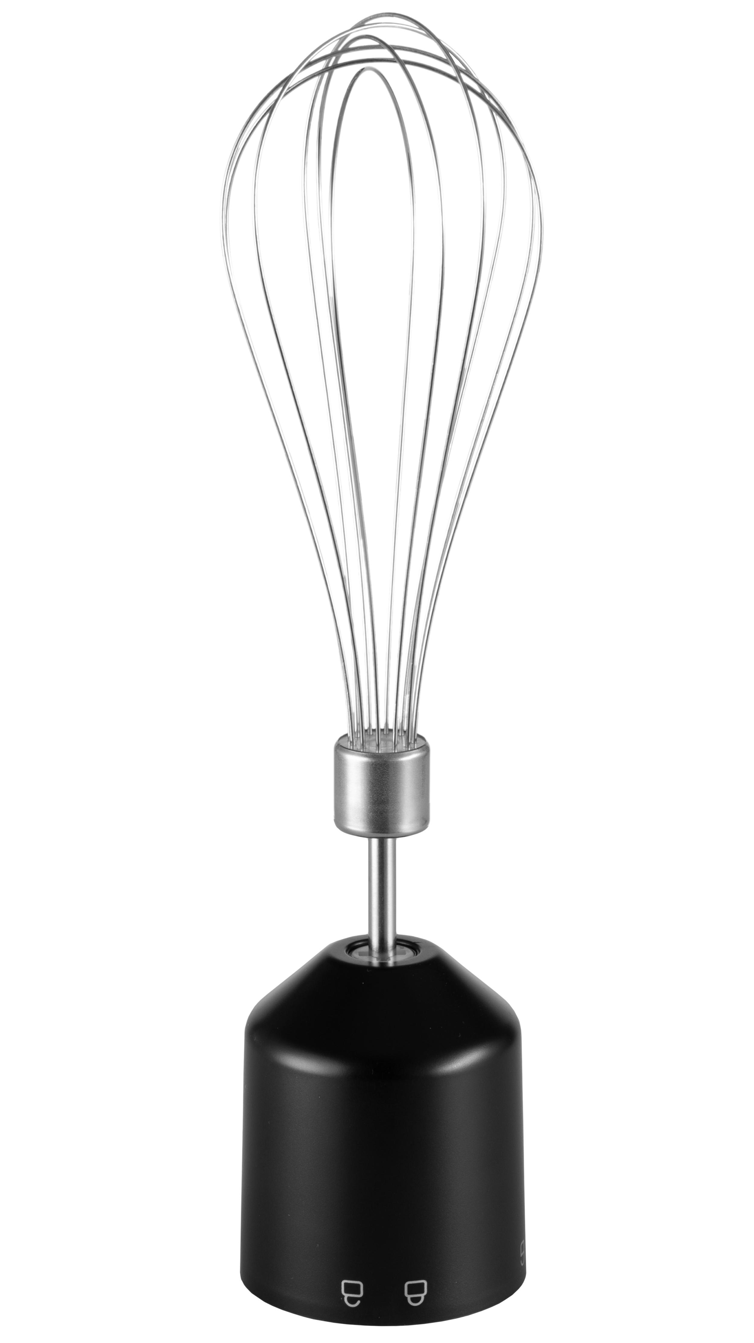 Ein schwarzer Handmixer mit einem silbernen Schneebesen. Der Schneebesen besteht aus dünnen Drähten.