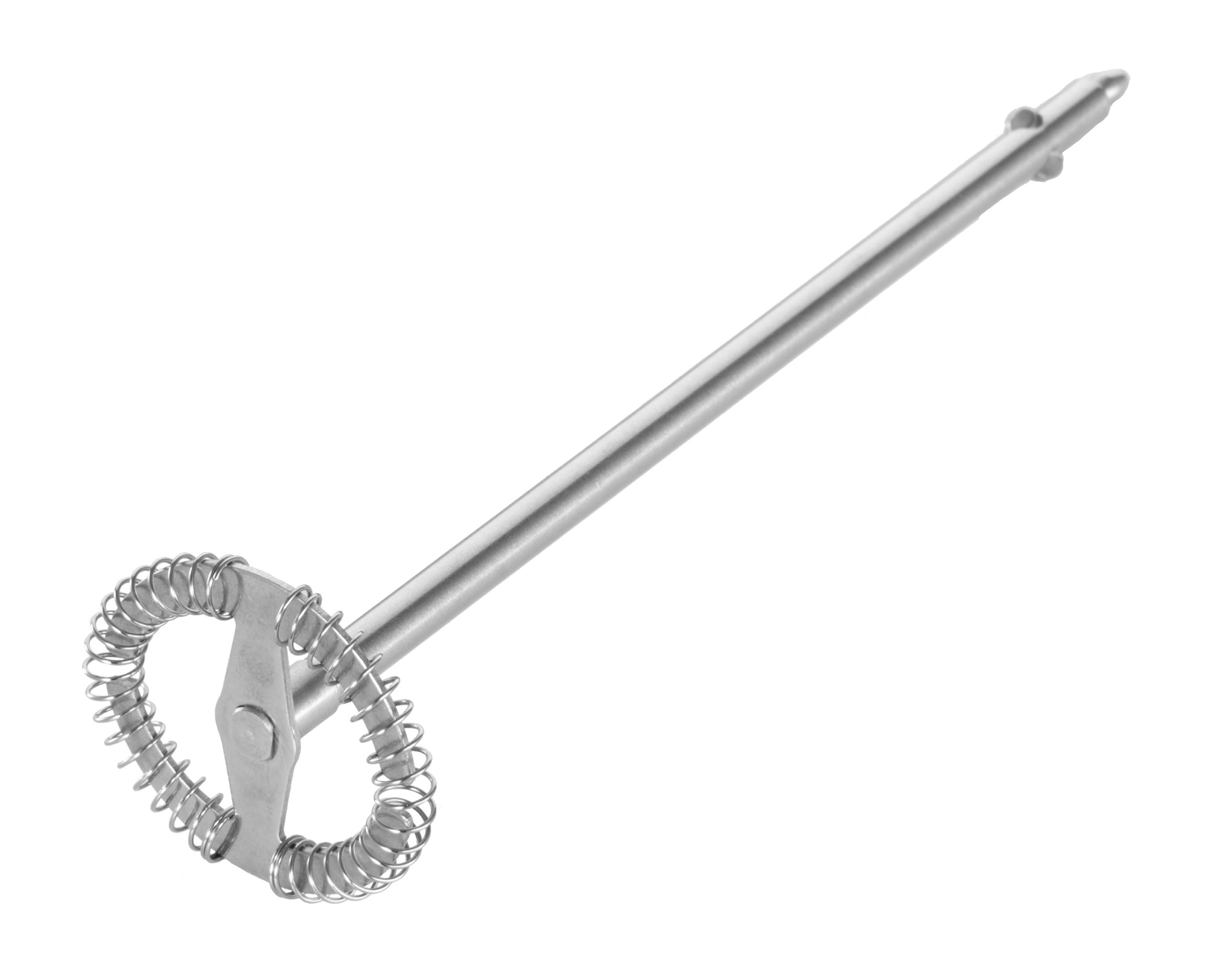 Ein Milchaufschäumer aus Edelstahl mit Spiralfeder und langem Griff, vor weißem Hintergrund.