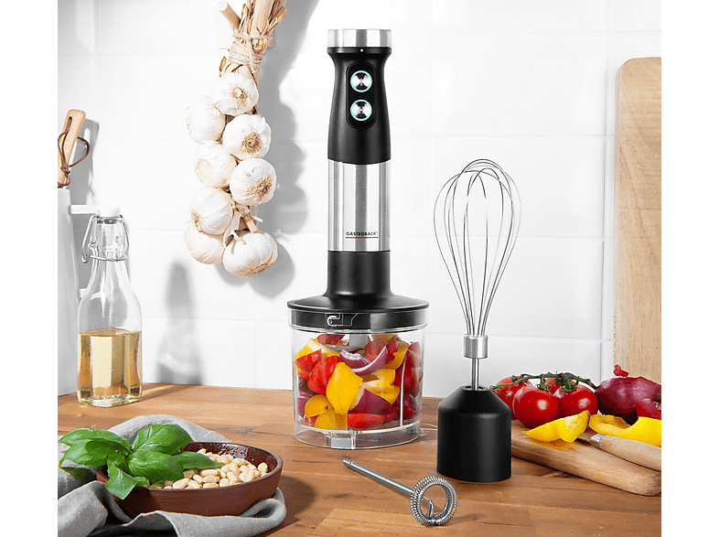 GASTROBACK DESIGN POWER 5-IN-1 Set Stabmixer Schwarz, Silber (1200 Watt, Multizerkleinerer 500 ml, Mixbehälter 700 ml)