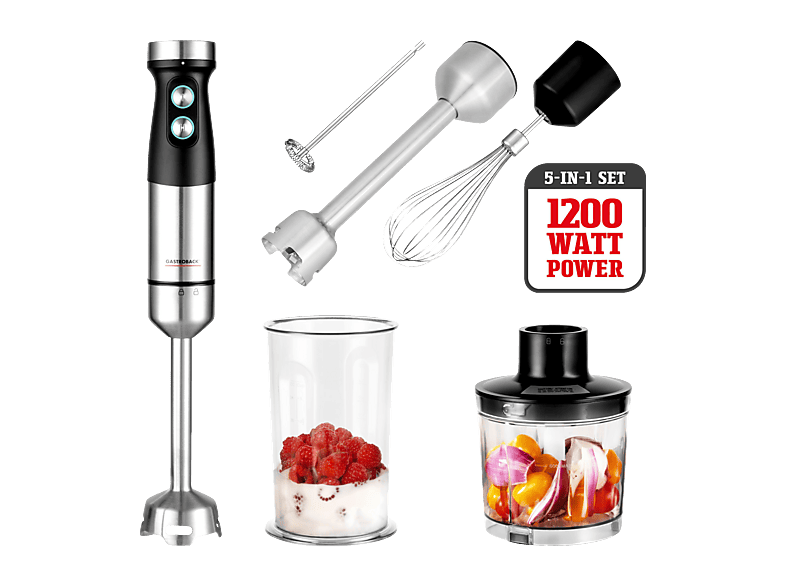 GASTROBACK DESIGN POWER 5-IN-1 Set Stabmixer Schwarz, Silber (1200 Watt, Multizerkleinerer 500 ml, Mixbehälter 700 ml)