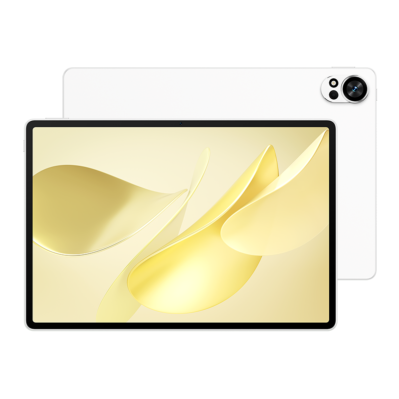 Fehér tablet arany absztrakt dizájnnal a képernyőn. Egy másik tablet mögötte. Fekete háttér.