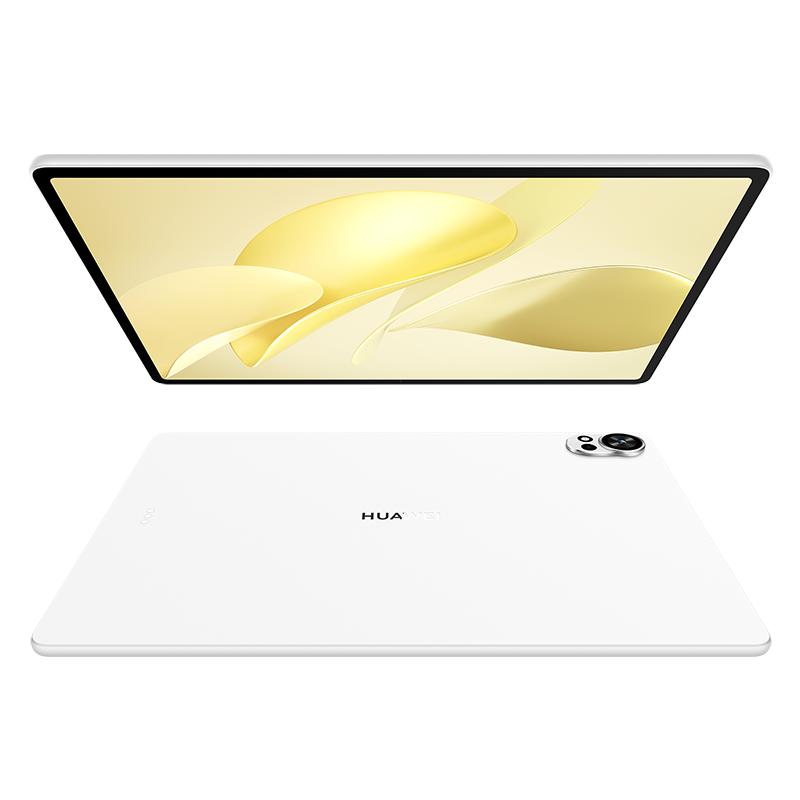 Fehér Huawei táblagép arany absztrakt formákat mutató képernyővel. A táblagép hátulja szintén fehér, a Huawei logóval.