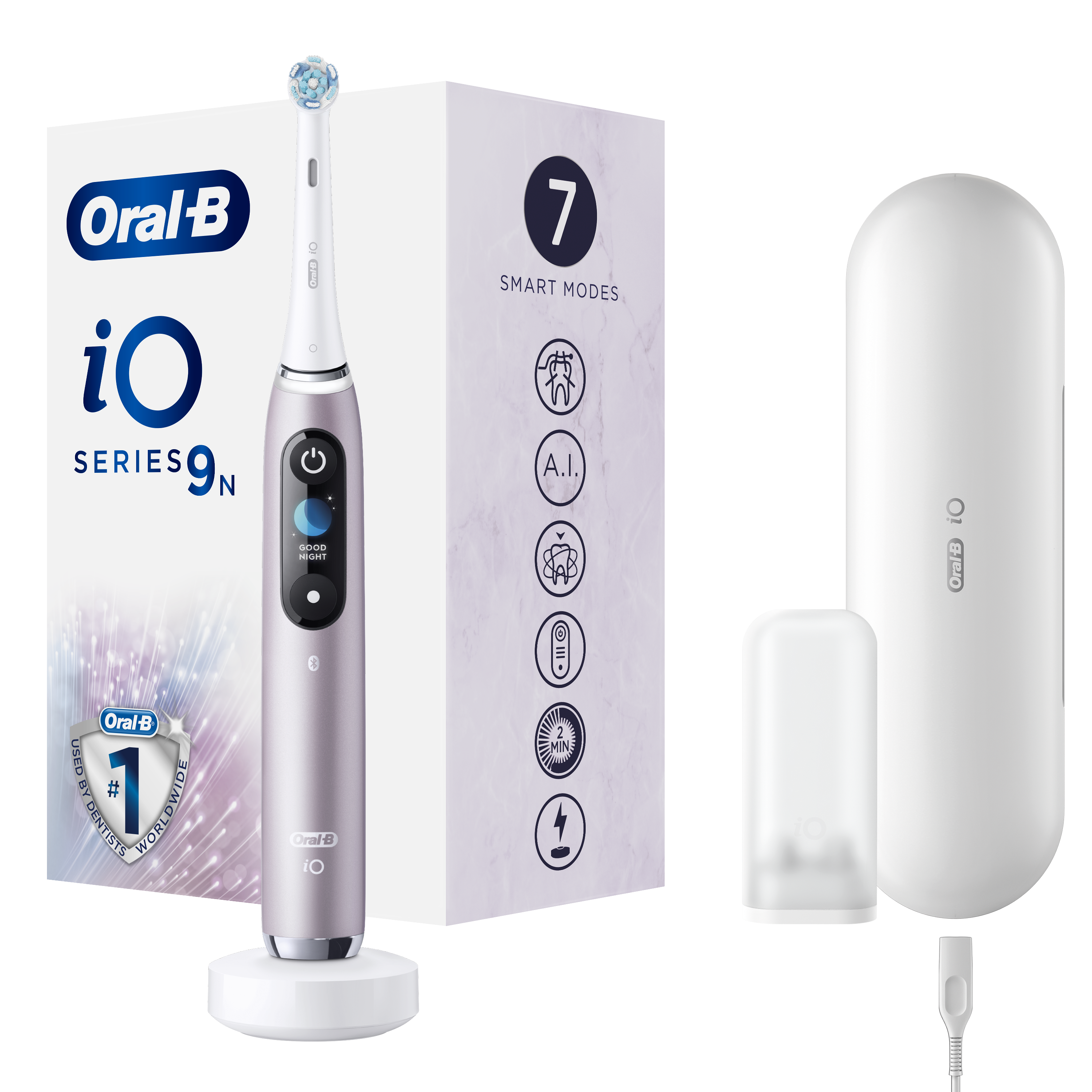 Elektryczna szczoteczka do zębów Oral-B iO Series 9N, etui ładujące, stojak i pudełko z 7 trybami smart.