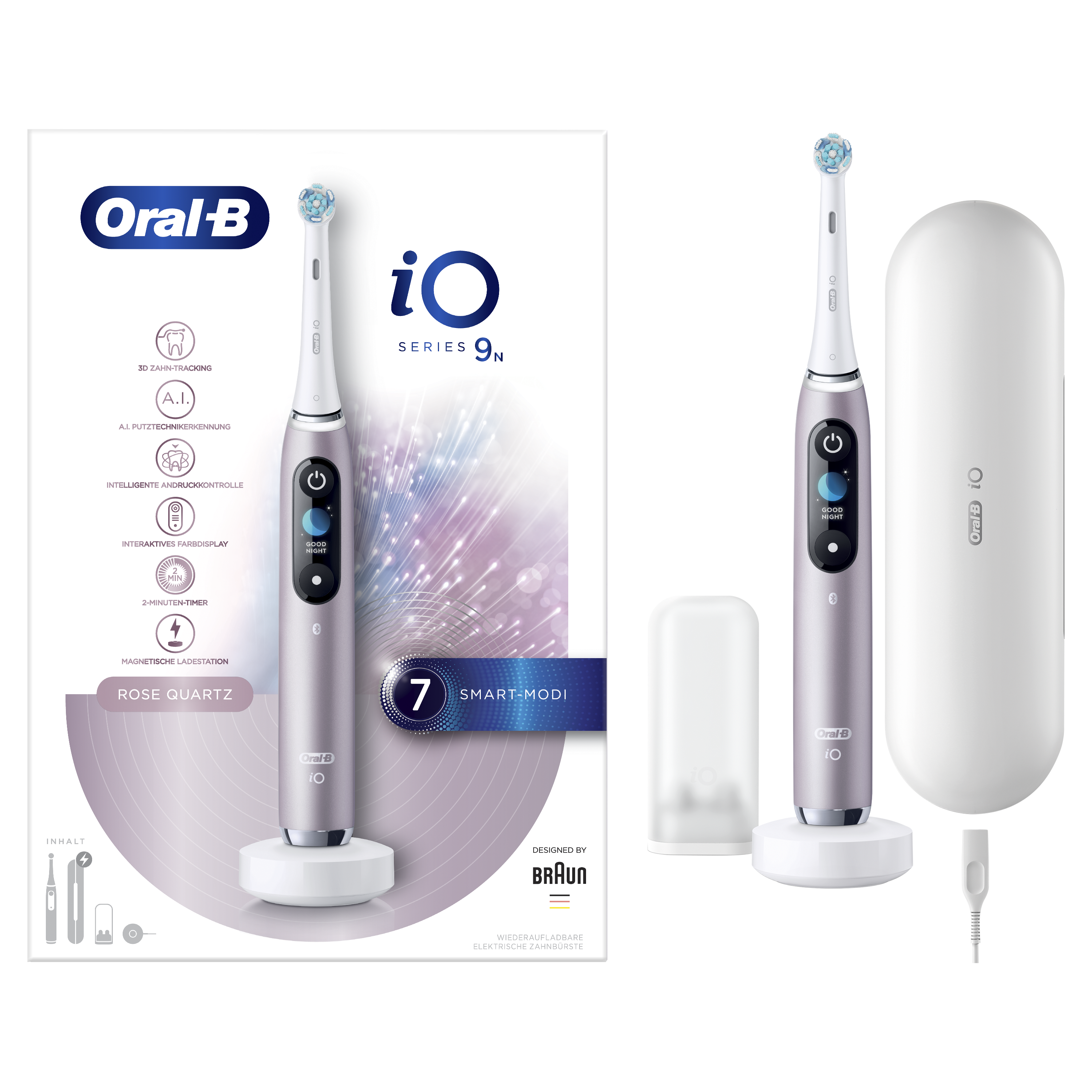 Elektryczna szczoteczka do zębów Oral-B iO Series 9N, kolor różowy kwarc, z akcesoriami, pudełkiem i stacją ładującą.